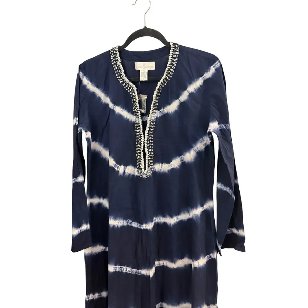 Soft Surroundings Blue Tie Dye Maxi Dress Swim Cover Up PM Beaded Boho Cotton